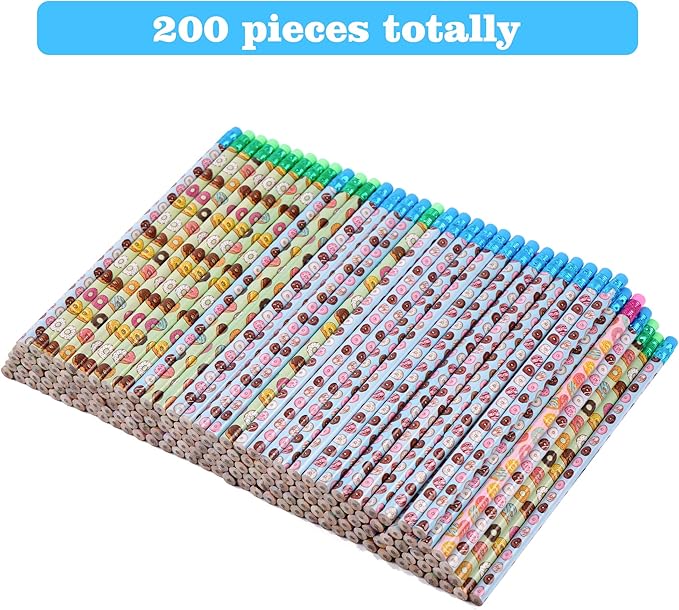 200 Pieces Donut Themed Pencils Cylinder Wood Pencils with Various Donut Element 4 Style Assorted Kids Pencils Girls Birthday Present Party Supplies Student Carnival Prize School Office Supply (200)