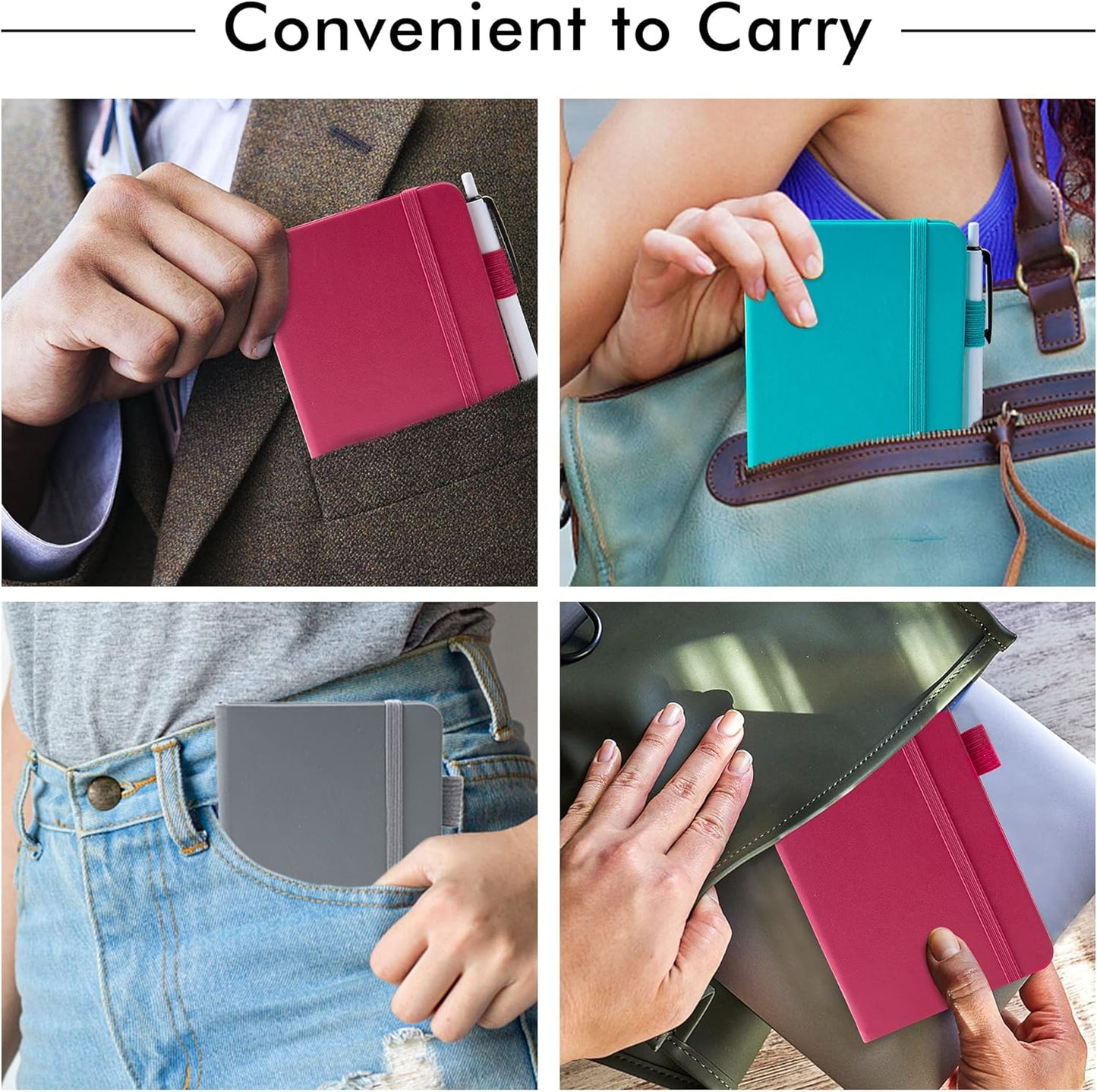 feela Pocket Notebook Journals, Mini Cute Small Hardcover College Ruled Notepad Office School Supplies, with 3 Black Pens, 3.5”x 5.5”, 3 Pack, A6, Solid Colors, Gray, Berry, Emerald