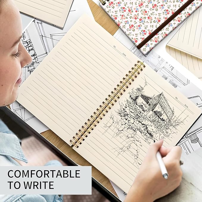 Spiral Journal Notebook, A5 Cute Notebooks for Women Men, College Ruled Hardcover Notebook for Work & Note Taking, 60 Pages Double-Wire Journals for Writing, White Pink Flowers