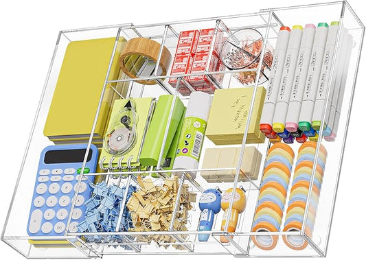 Marbrasse Acrylic Expandable Drawer Organizer, Clear Desk Drawer Organizer Tray with 5 Dividers, Desk Organizers and Accessories, 10 Adjustable Compartments for Office Supplies, Makeup & Vanity