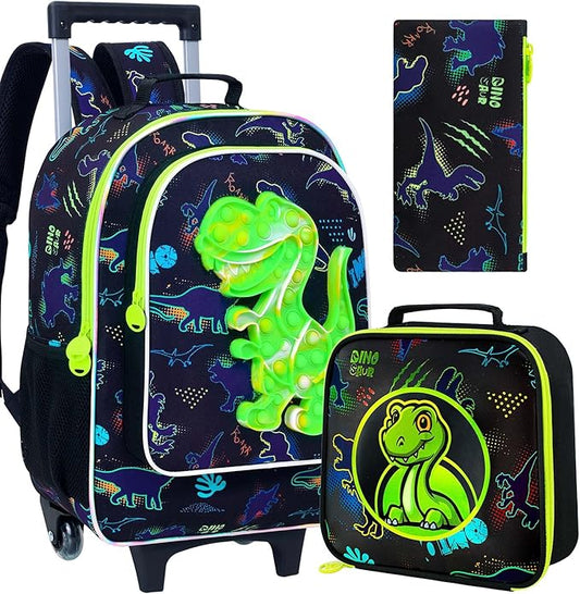 CCJPX 3PCS Dinosaur Rolling Backpack for Boys, 18" Kids Dinosaur Backpacks with Roller Wheels, Wheeled Bookbag with Lunch Box for Toddler Elementary School (Black)