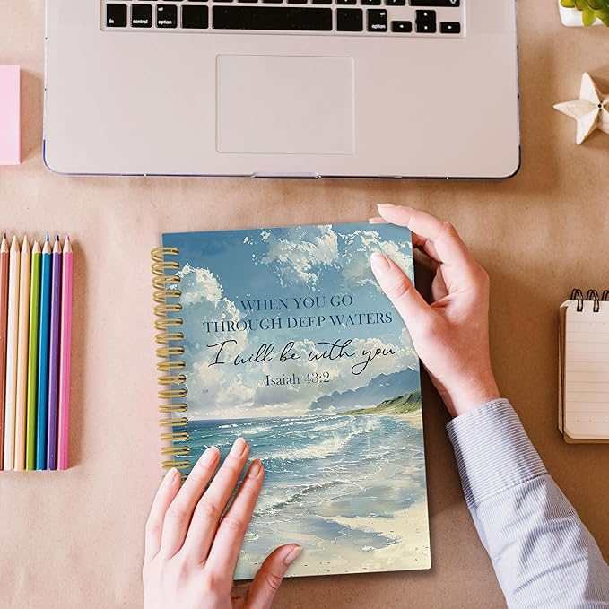 Ocean Christian Spiral Notebook, Coastal Bible Journaling Notebooks for Women Men, Religious Beach Hardcover Journals for Office 160 Pages 5.5 x 8.3 Inch, Scripture Gifts for Women Faith