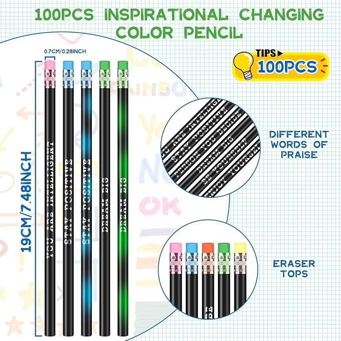 Epakh 100 Pcs Inspirational Pencils Color Changing Pencils Bulk with Eraser HB Wooden Pens Gift for Kids Back to School Gift for Classroom, Student Reward(Black,Classic Style)