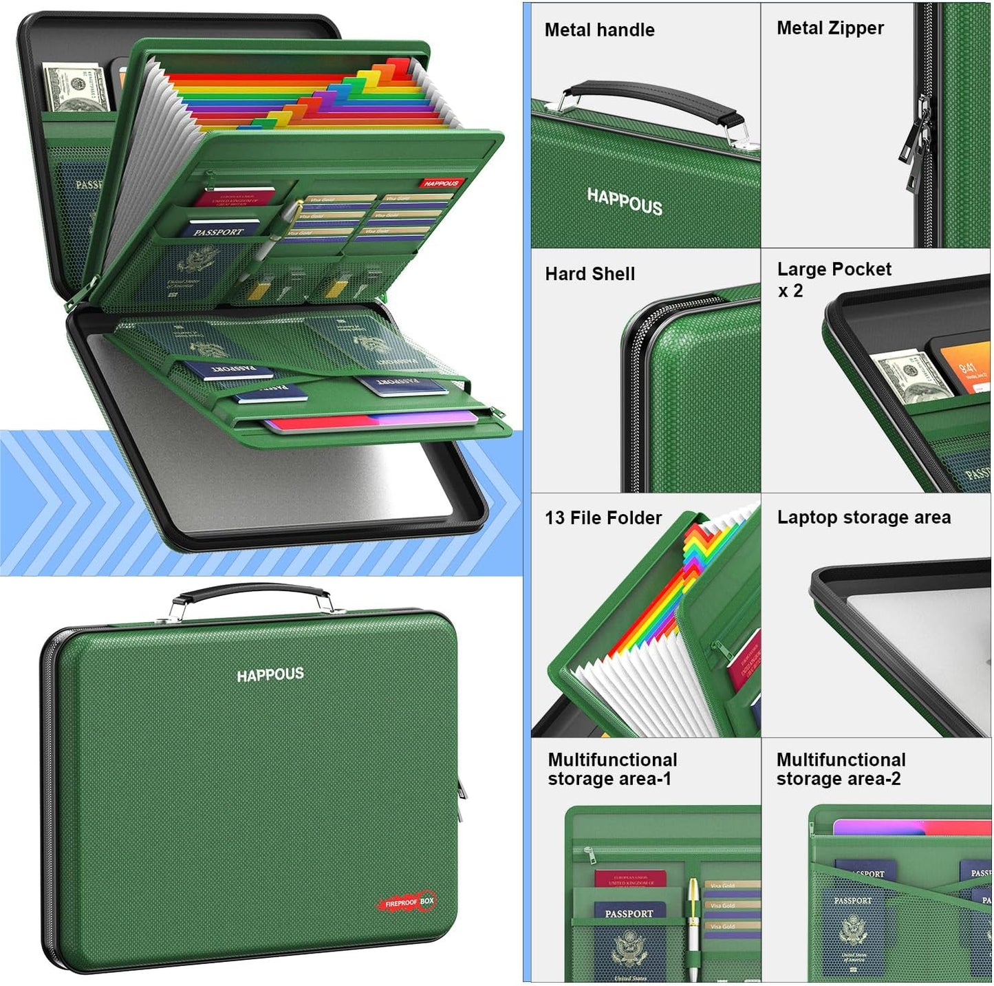 Fireproof Document Box, Expanding File Organizer with 13 Pockets, Portable Fireproof File Box Hard-Shell Document Organizer Storage for Documents Laptop Passports Cards Green