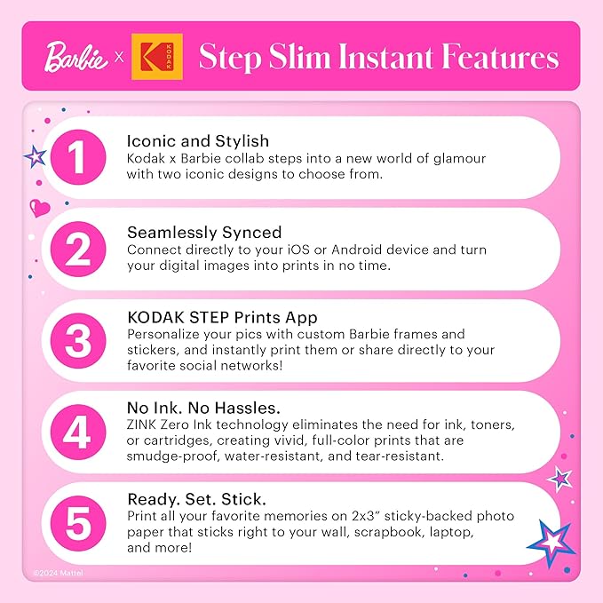 KODAK x Barbie Instant Smartphone Barbie Photo Printer - Portable, Color, Wireless - Zink 2x3” Sticky-Back Photos - Print from iOS & Android Devices with Fun Editing App - Iconic Style