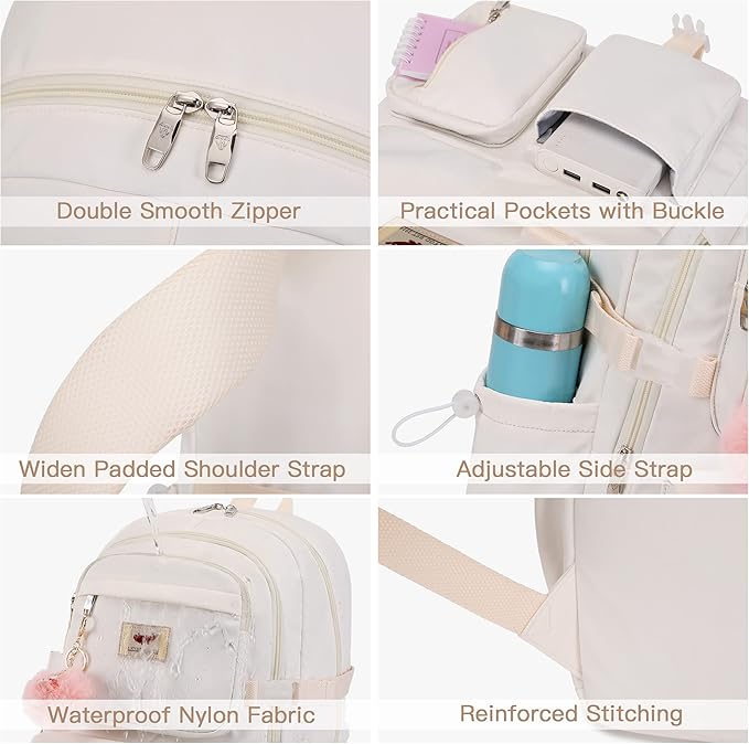 LXYGD Laptop Backpack 15.6 Inch Kids Elementary Middle High School Bag College Backpacks Anti Theft Travel Back Pack Large Bookbags for Teens Girls Women Students (Off-white)