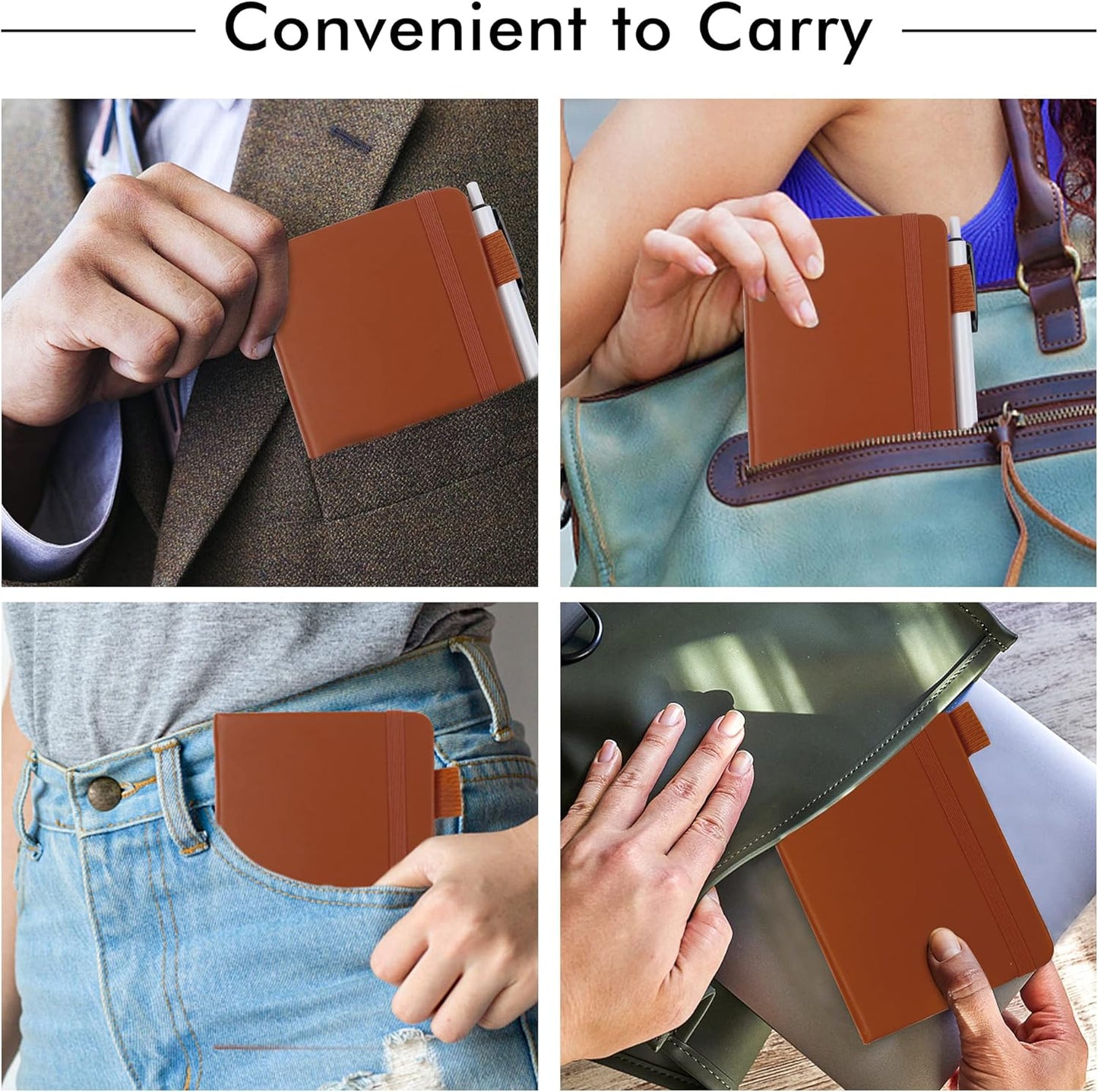 feela 3 Pack Pocket Notebook Journals, Mini Cute Small Journal Notebook Bulk Hardcover College Ruled Notepad with Pen Holder for Office School Supplies, with 3 Black Pens, 3.5”x 5.5”, A6, Brown