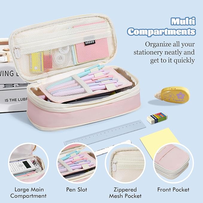 MoKo Large Capacity Pencil Case, Aesthetic Pencil Pouch Bag with Zipper, Cute Pen Case Stationery Organizer Holder for Office/School Supplies, Back to School Gift, Pink