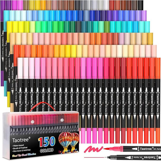 Taotree 150 Colors Dual Tip Art Markers Pens for Kids Adult Coloring Book, Artist Fine & Brush Tip Coloring Markers Drawing Pen for Journaling Note Taking Lettering Calligraphy Craft Art Supplies Set
