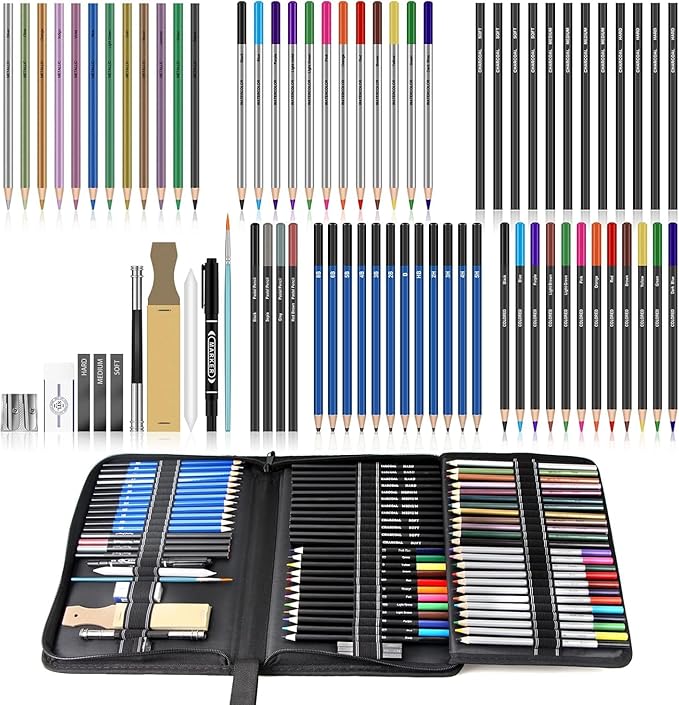 Art Supplies Drawing Kit, 74Pcs Drawing Pencils for Sketching - Include Colored, Graphite, Colored, Metallic, Charcoal Pencil, Ideal Gift for Beginners & Professional Artists Teens & Adults