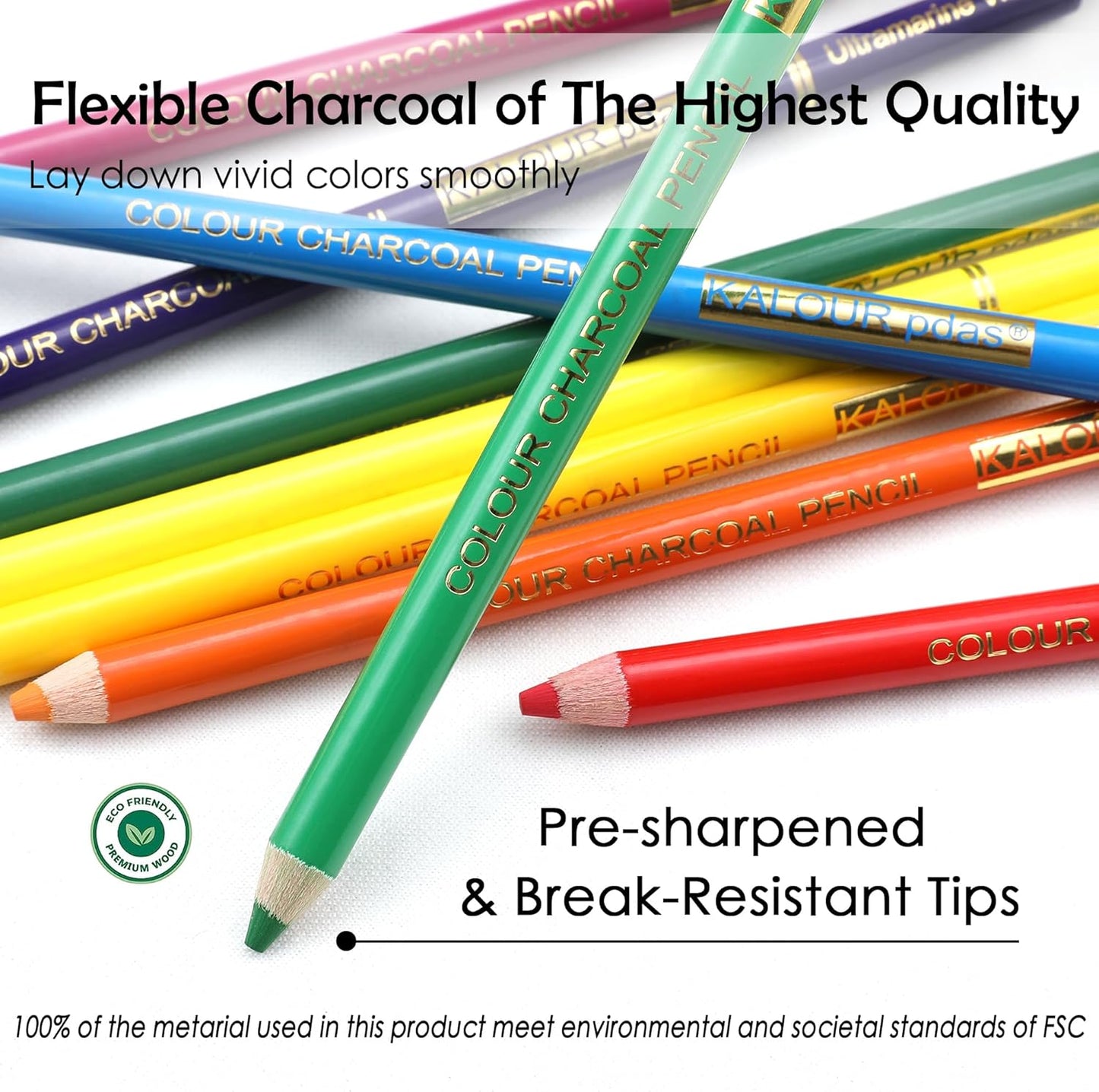 KALOUR PDAS 24 Premium Colored Charcoal Pencils Drawing Set, Quality Pastel Chalk Pencils, Skin Tone Colored, for Coloring, Sketching, Drawing, Layering & Blending for Beginners & Artists