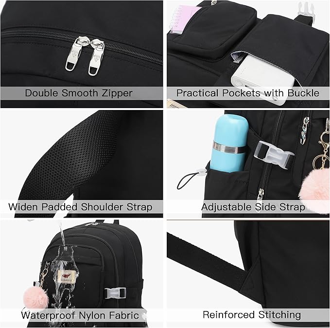 LXYGD Laptop Backpack 15.6 Inch Kids Elementary Middle High School Bag College Backpacks Anti Theft Travel Back Pack Large Bookbags for Teens Girls Women Students (Black)