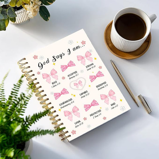 Bible Notebook, A5 Spiral Christian Journal with Floral Pink Butterfly Notebook, Bible Verse-God Says You Are, Inspirational Notebooks for Women, Bible Study, Gift for Birthday Christmas