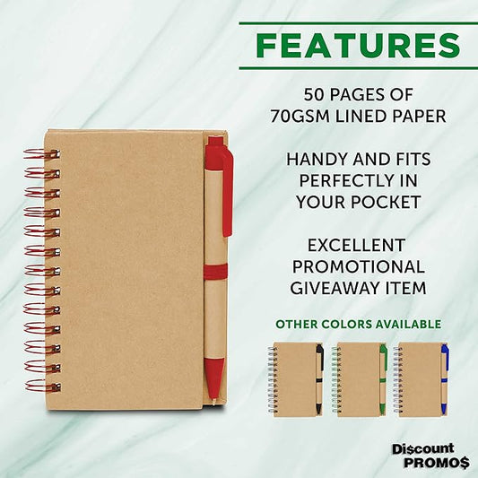 Mini Spiral Notebooks with Black Ink Pens Set of 10, Bulk Pack - Perfect for School, Office, Business, Home - Red