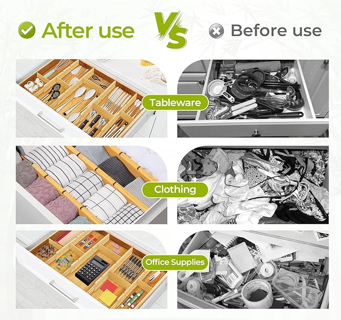 6PCS Bamboo Drawer Dividers with Inserts, Expandable Kitchen Utensil Drawer Organizers,Adjustable drawer organizer for deep drawers Dresser Closet Underwear Storage Bedroom Bathroom Drawers(16.6"-22")