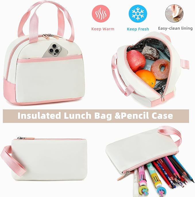 AO ALI VICTORY School Backpack for Girls Women 15.6 Inch Laptop Backpacks College Bookbag Cute Kids Elementary Middle High School Bag with Lunch Box Set for Teens Students Travel Daypack, Pink Set