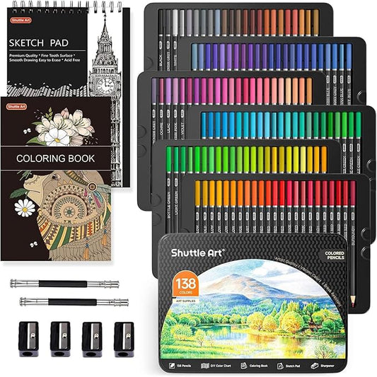 Shuttle Art 138 Colors Professional Colored Pencils, Soft Core Coloring Pencils Set with 1 Coloring Book,1 Sketch Pad, 4 Sharpener, 2 Pencil Extender, Perfect for Artists Kids Adults, Drawing