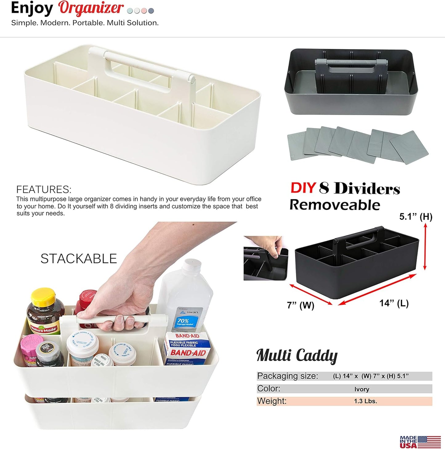 -Large Portable Caddy, DIY Dividers, 8 Compartments, School Office Supplies Home Business Organizer,Portable Basket with Handle Storage Organizer Modern Made in USA (10 PACK, Ivory)