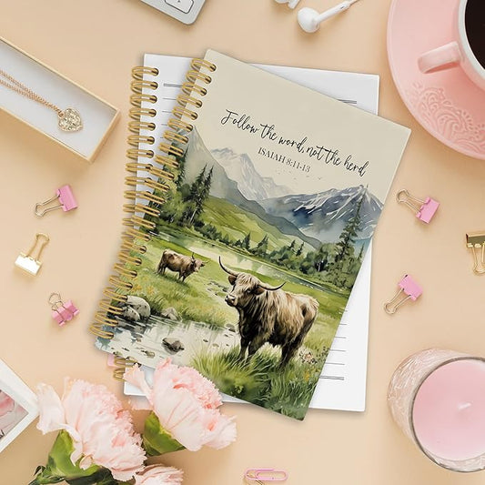 Christian Highland Cow Spiral Notebook, Farmhouse Cow Bible Journaling Notebooks, Rustic Country Mountain Farmhouse Hardcover Journals for Women 160 Pages 5.5x8.3 Inch, Christian Gifts for Women