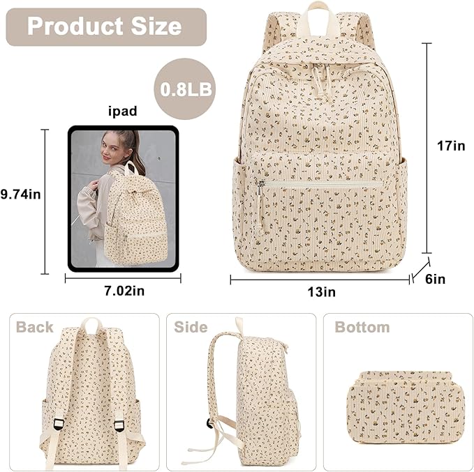 School Backpack for Teens Large Corduroy Bookbag Lightweight 15.6 inch Laptop Bag for Girls Women Casual High School College