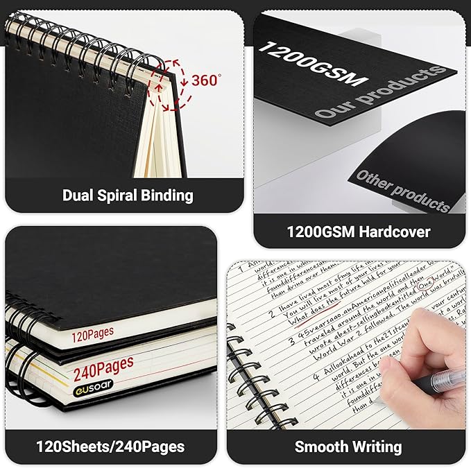 EUSOAR Notebook with Tabs, 3 Pack A4 Letter Size11 x 8-1/2", Black Hardcover Spiral 5 Subject Notebook, 120 Sheets/ 240 Pages, 100GSM College Ruled Paper, Journals for Work Office School Composition