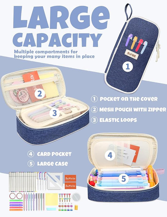 SUNEE Cute Pencil Case, Aesthetic Pen Pouch, Colored Large Pencil Bag with Zipper, Kawaii Stationery Storage and Organizer, School Supplies for Teen and Adult Girls, Navy Blue