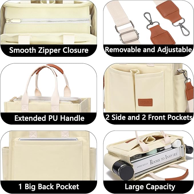 Tote Bag for Women With Compartments,Large Canvas Tote Women's Purse Crossbody Bags Work Laptop Book Bag Satchels Handbags