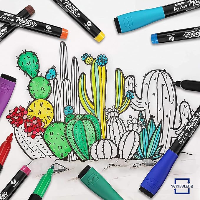 Scribbledo 4 Magnetic Dry Erase Markers Fine Tip Assorted Classic Colors Low Odor Whiteboard Markers with Eraser Cap Thin Skinny White Board Markers for Adults Students Teachers Art Home & School