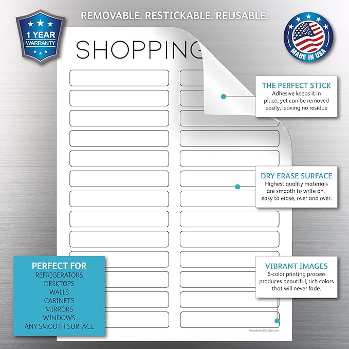 Dry Erase Shopping List Vinyl Sticker Decal Whiteboard by Glassboard Studio | Removable & Reusable | Magnetic Fine-Tip Marker Included (9 x 12 inches, White)