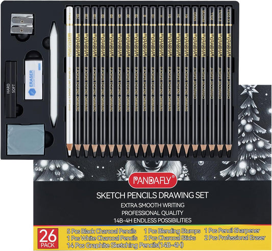 PANDAFLY 26-Piece Professional Sketch Pencil Set - Includes 4H to 14B Graphite Pencils, Charcoal Pencils, Charcoal Sticks, Vinyl Eraser, Kneaded Eraser, Sharpener, Blending Stump