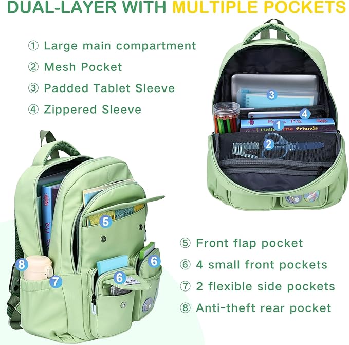 VASCHY Backpack for Girls, Cute School Bag Bookbag for Elementary Middle Schooler Teen Girls/Kids Travel with Clear Pin Pouch Green