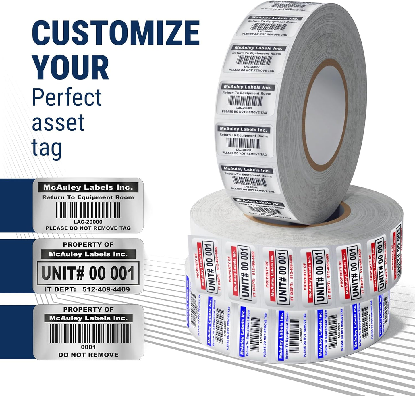 McAuley Labels Custom Asset Tags for Equipment – Numbered, Permanent, Adhesive, Metalized Silver Polyester - Barcode Label - 1.5x0.75 Inches