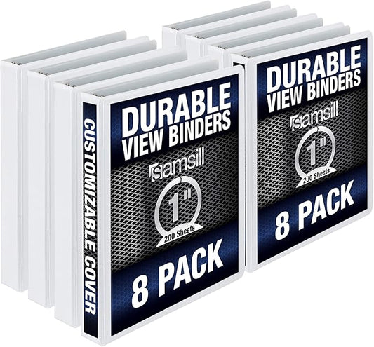 Samsill Durable 1 Inch Binder, Made in the USA, Round Ring Customizable Clear View Binder, White, 8 Pack (S88437)