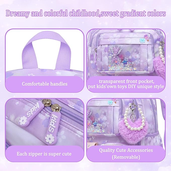Lovely Girls Backpack School Bag for Students Kids Book Bag with Multiple Pockets Splash-proof Children's Backpack（17inch Purple）