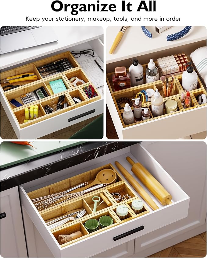 12-Piece Bamboo Desk Drawer Organizer Tray – Adjustable Storage Boxes with 24 Adjustable Compartments for Office Drawer, Jewelry, Vanity & Desk Accessories