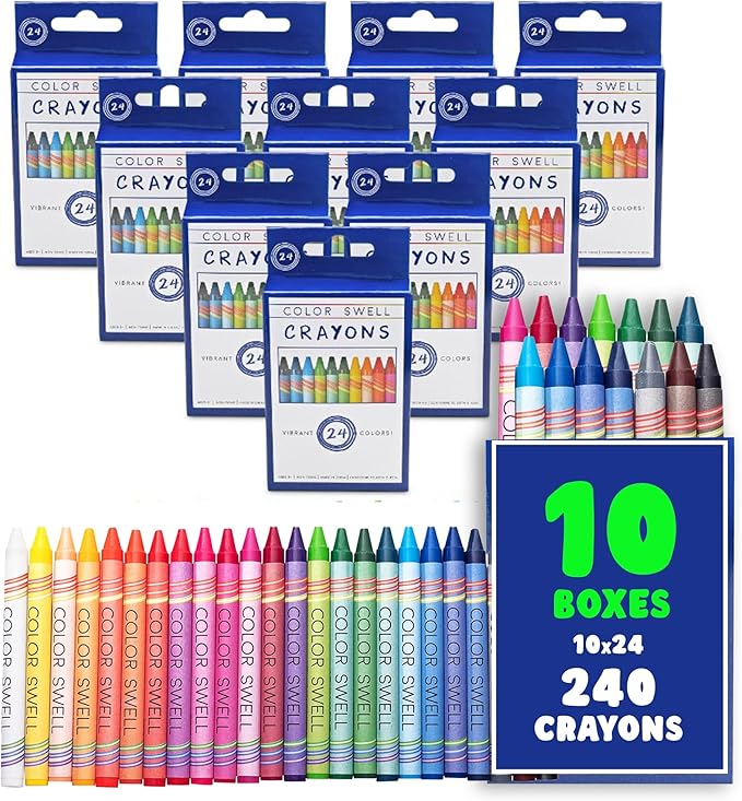 Color Swell Bulk Crayons Packs - 10 Boxes of 24 Vibrant Colors of Teacher Quality Durable for Home and School