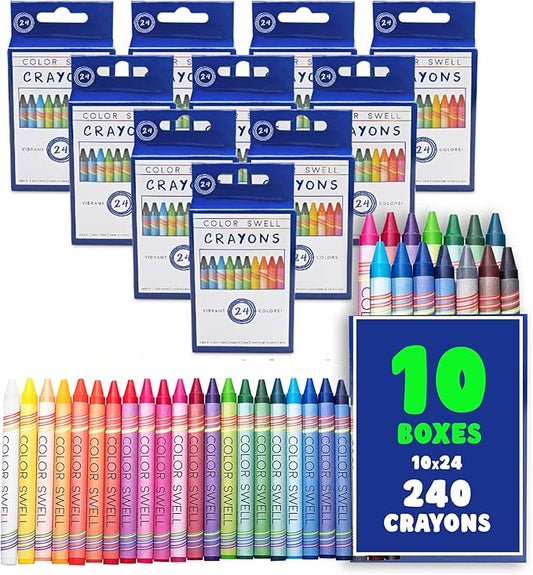 Color Swell Bulk Crayons Packs - 10 Boxes of 24 Vibrant Colors of Teacher Quality Durable for Home and School