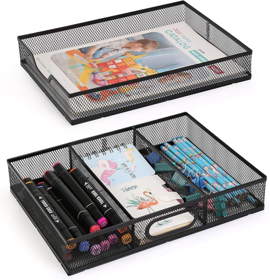 Office Drawer Organizer 2 Pack, Metal Mesh Set - Large Kitchen Drawer Organizer Tray, Adjustable Under Desk Storage for Papers, Office Supplies(Black)