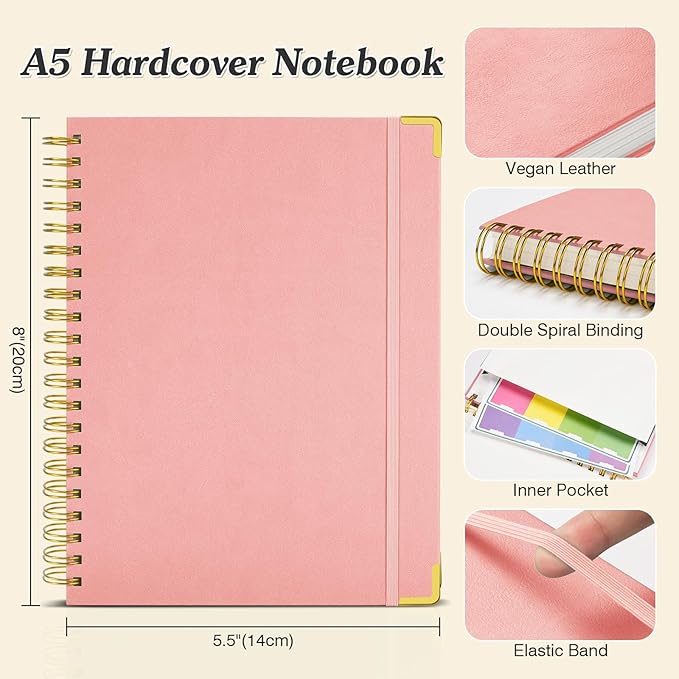 Bullet Dotted Journal Spiral Notebook, 300 Pages Leather Notebooks with Contens, 120 GSM Thick No Bleed Through Paper Journals, A5 Dot Grid Notebook for Women Men School Work Writing, 5.5" x 8", Pink
