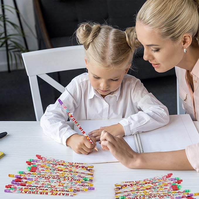 Kolewo4ever 200Pcs Happy Birthday Pencils Colorful Printed Pencils for Students Happy Birthday Teacher Pencil Classroom with Top Erasers for Kids Birthday Party Supplies Favors