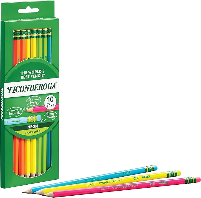 Ticonderoga Wood-Cased Pencils, Pre-Sharpened, #2 HB Soft, Neon Colors, 10 Count