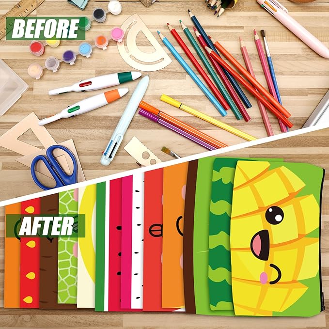 Hosuly 24 Pcs Bulk Fruit Zipper Pencil Case Pouch Sports Pen Bag Multicolored Strawberry Watermelon Orange Mango Canvas Pencil Pouch Organizer for Boy Kids Girl Stationary Storage School