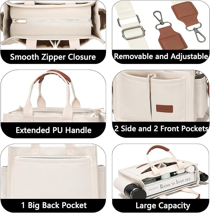 Tote Bag for Women With Compartments,Large Canvas Tote Women's Purse Crossbody Bags Work Laptop Book Bag Satchels Handbags