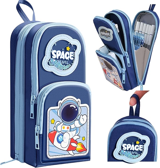 Blue Cute Pencil Case for Boys & Large Zippered Pen Pouch Organizer with Aesthetic Design Kids School Supplies canvas Marker Bag Travel Stationery Box back to School Gift for Boys (blue)