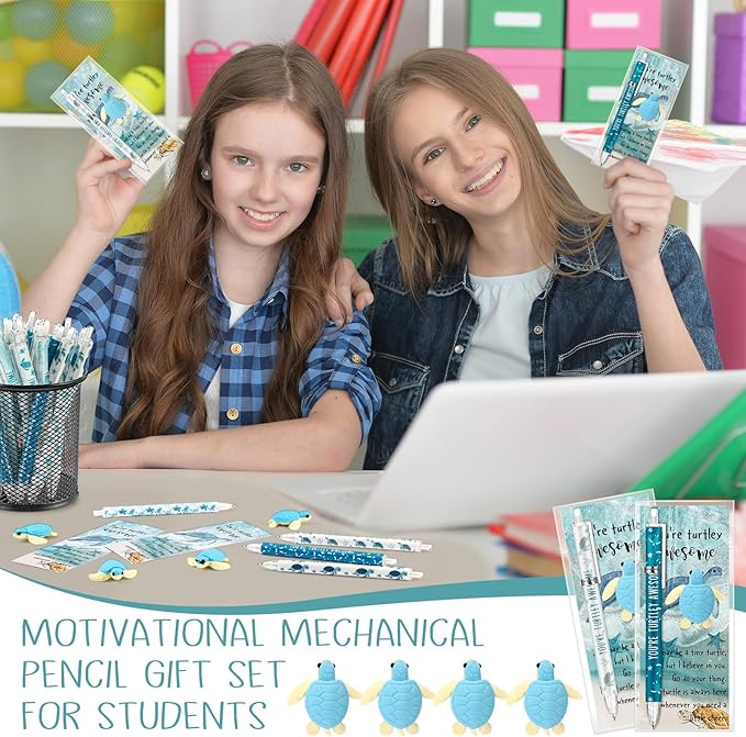 30 Sets Inspirational Turtle Gifts Bulk 6 Styles 0.7 mm Motivational Mechanical Pencils with Erasers Positive Cards Back to School Gifts for Student Teacher Coworker Office Supplies