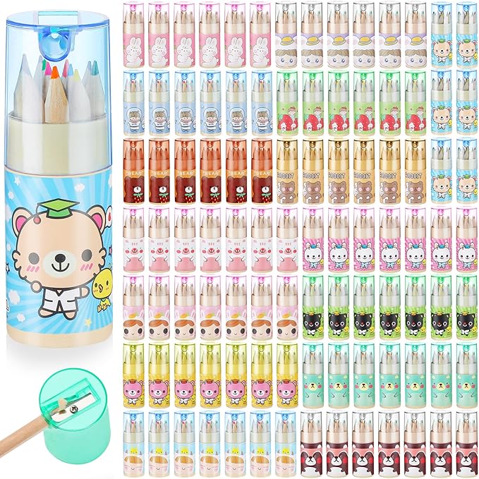 Fumete 100 Pack Cute Pencils Mini Drawing Colored Pencils Bulk for Kids with Sharpener Portable Color in Tube Party Favors Gift for Classroom School Supplies, 12 Colors