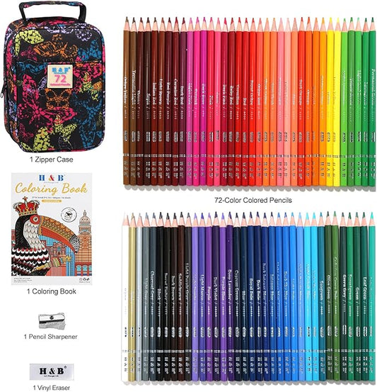 H & B 72-Color Colored Pencils Set with Coloring Book, Eraser, and Sharpener - Perfect for Drawing and Coloring - Soft Oil-Based Cores Ideal for Adults and Beginners