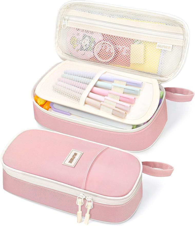 SUNEE Cute Pencil Case, Aesthetic Pen Pouch, Colored Large Pencil Bag with Zipper, Kawaii Stationery Storage and Organizer, Pink School Supplies for Teen and Adult Girls
