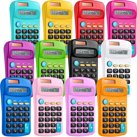 12 Packs Pocket Size Mini Calculator Basic Calculators for Handheld Angled Students 8 Digit Display Solar Battery Dual Power Small Calculator for Students Kids Home Office (12 Colors)