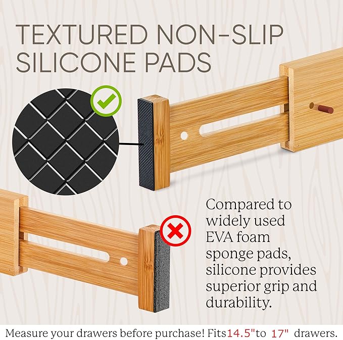 Night Tree Expandable Bamboo Drawer Dividers – Spring-Loaded Wooden Organizers for Clothes, Kitchen Utensils, Bathroom, and Dresser Drawers (14.5" to 16.5")